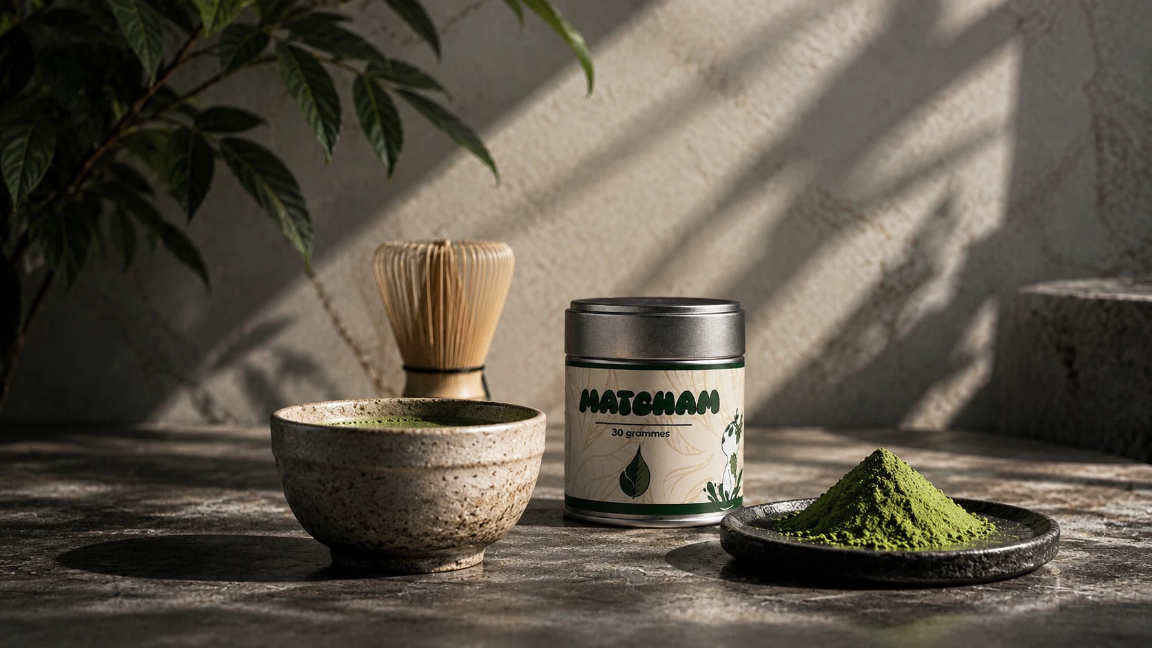 Boite Matcham 30 grammes, chawan, chasen et poudre de matcha sur une table de pierre