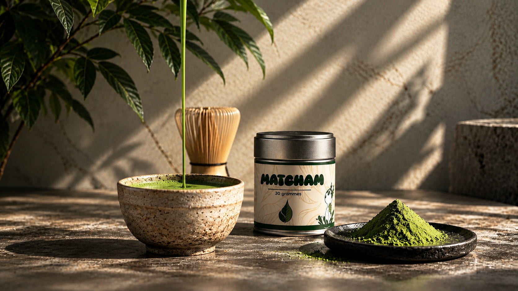 Boite Matcham 30 grammes, chawan, chasen et poudre de matcha sur une table de pierre